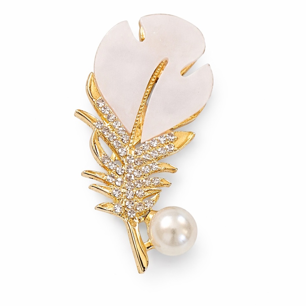 Gold-Tone Leaf Pearl Brooch - White‎ and Gold